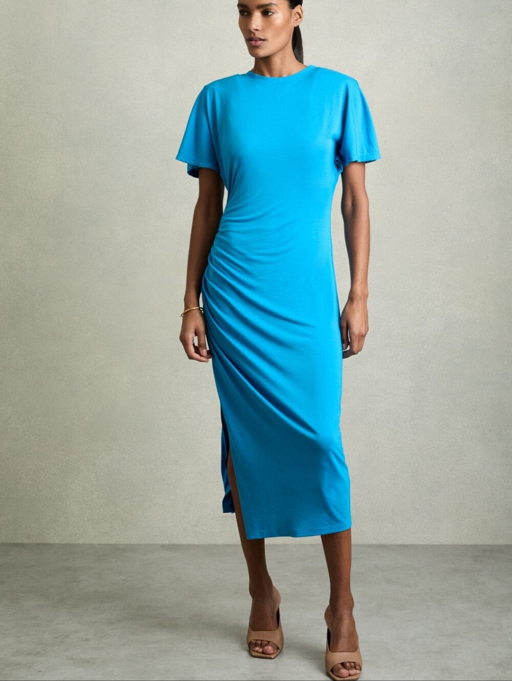 Reiss Tulia Modal-Blend Ruched Midi Dress in Bright Blue NWT 8
